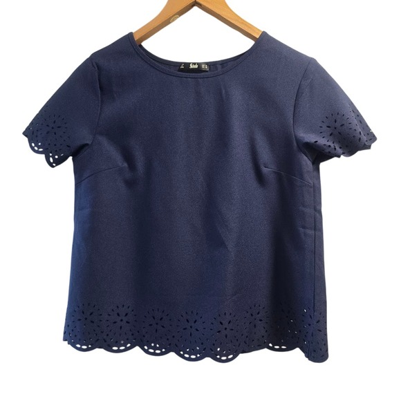 Shein Womens Navy‎ Lace Embroidered Tunic XS Short Sleeve Career Preppy Cottage - Picture 1 of 11